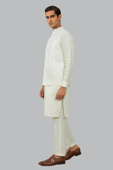 Burooj Man White Schiffli embroidered Waistcoat Regular Fit