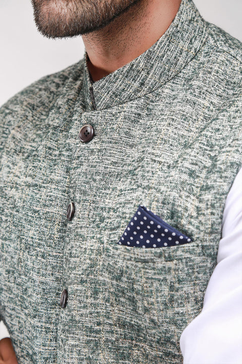 Burooj Man Green Multi Tone Wool Blend Slim Fit Men's Waistcoat