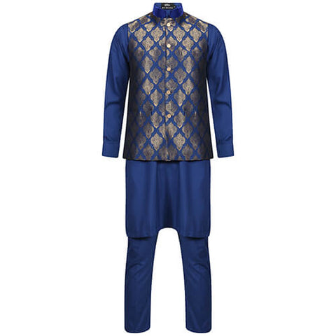 Burooj Boy's Royal Blue Jamawar Waistcoat and Kurta