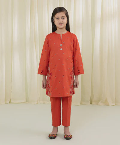 Girls 2 Piece- Orange Embroidered Lawn Suit