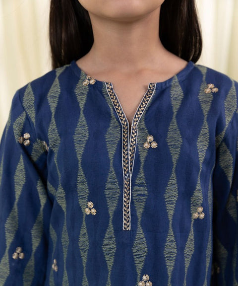Girls 2 Piece - Navy Embroidered Jacquard Suit