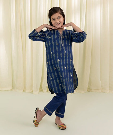 Girls 2 Piece - Navy Embroidered Jacquard Suit