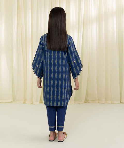 Girls 2 Piece - Navy Embroidered Jacquard Suit