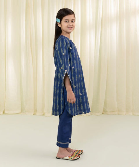 Girls 2 Piece - Navy Embroidered Jacquard Suit