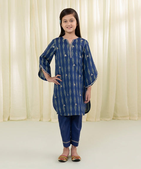 Girls 2 Piece - Navy Embroidered Jacquard Suit