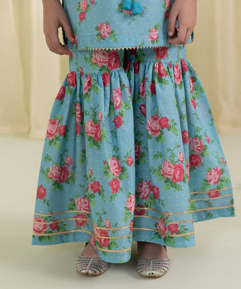 Girls 2 Piece - Blue Printed Lawn Suit