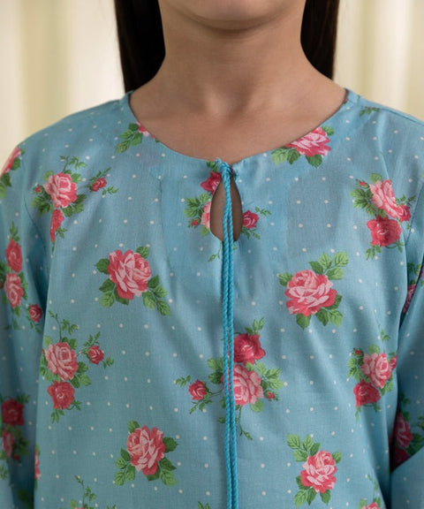 Girls 2 Piece - Blue Printed Lawn Suit