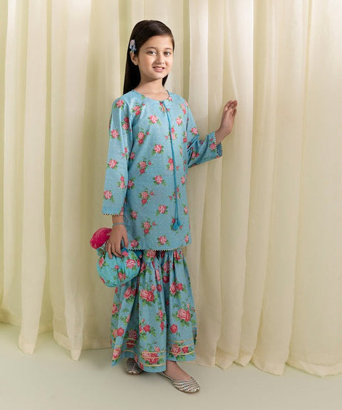 Girls 2 Piece - Blue Printed Lawn Suit