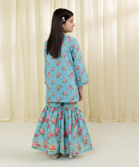 Girls 2 Piece - Blue Printed Lawn Suit