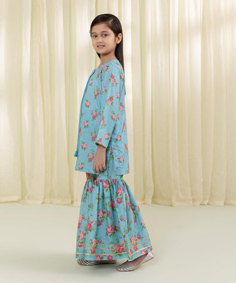 Girls 2 Piece - Blue Printed Lawn Suit
