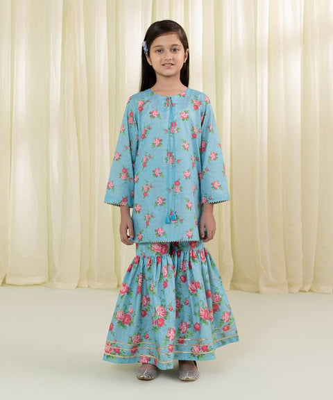 Girls 2 Piece - Blue Printed Lawn Suit