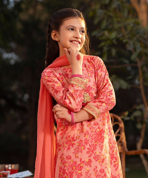 Girls 3 Piece - Embroidered Raw Silk Suit
