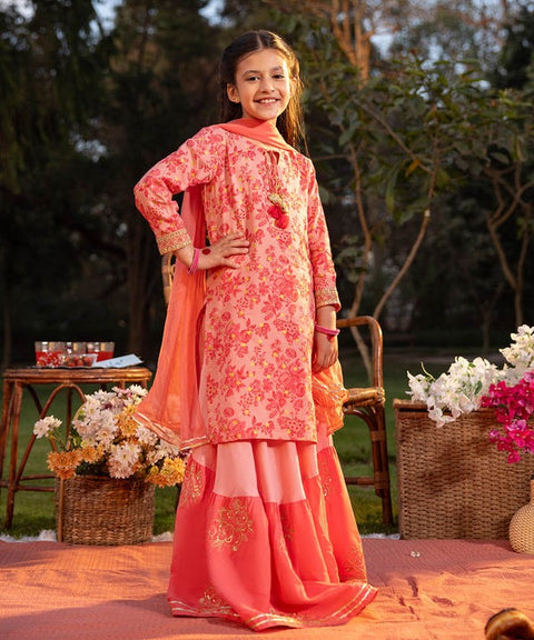 Girls 3 Piece - Embroidered Raw Silk Suit