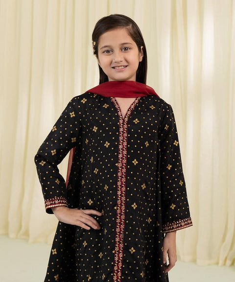 Girls 3 Piece - Embroidered Black Raw Silk Suit