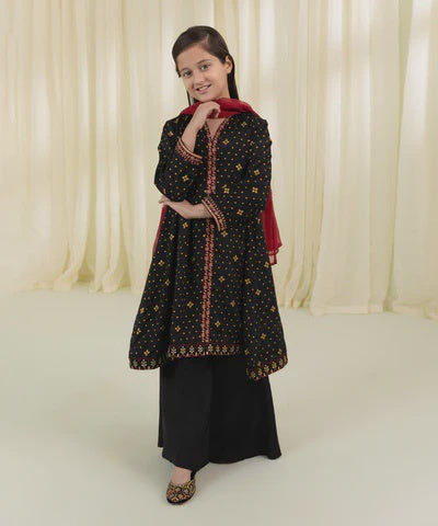 Girls 3 Piece - Embroidered Black Raw Silk Suit