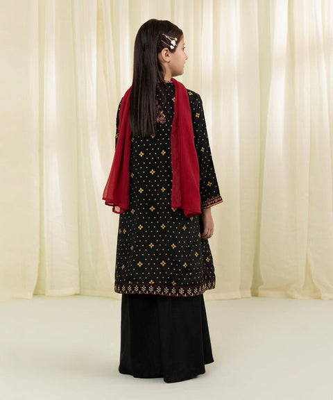 Girls 3 Piece - Embroidered Black Raw Silk Suit