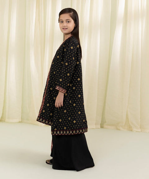 Girls 3 Piece - Embroidered Black Raw Silk Suit