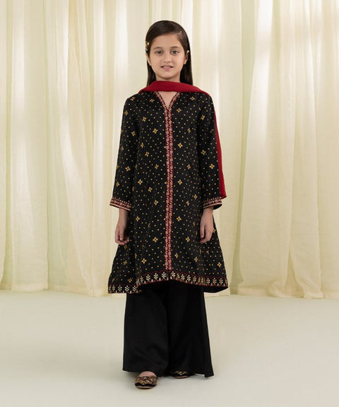 Girls 3 Piece - Embroidered Black Raw Silk Suit