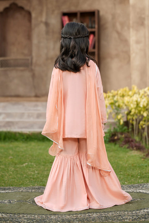 Peach Girls Embellished Kameez & Gharara with Dupatta 3pc
