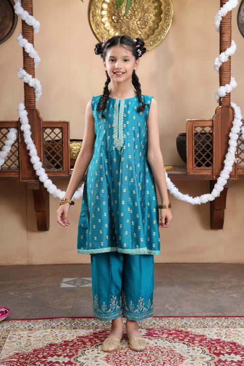 Teal Girls Embellished Kameez & Trousers 2pc