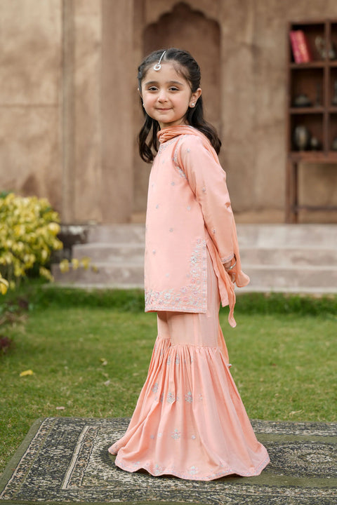 Peach Girls Embellished Kameez & Gharara with Dupatta 3pc