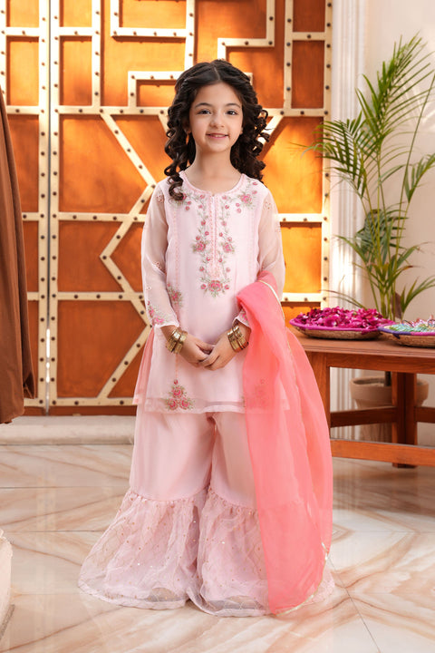 Pink Organza Girls Embellished Kameez, Gharara & Dupatta