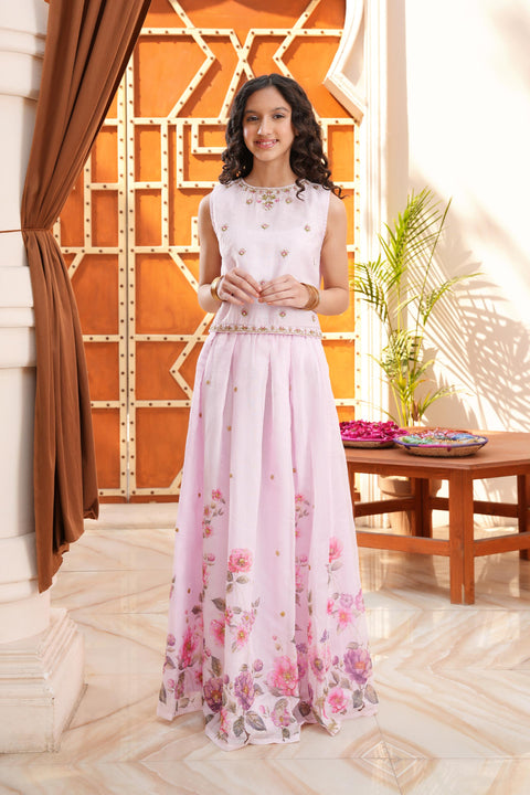 Baby Pink Girls Embellished Top & Lehnga