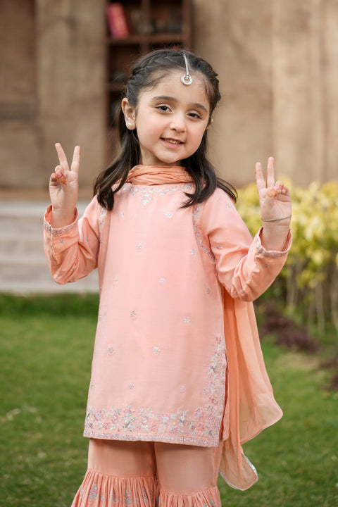 Peach Girls Embellished Kameez & Gharara with Dupatta 3pc