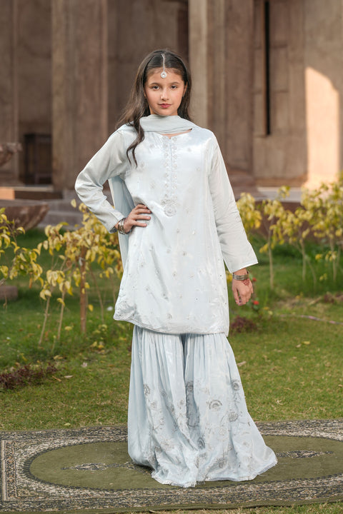 Sky Blue Embellished Kameez & Gharara With Dupatta 3pc