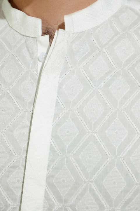 Burooj Man White Schiffli Embroidered Kurta Trouser Slim Fit