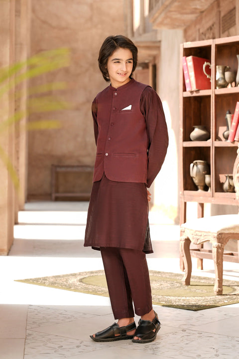Maroon Boys Kurta Trousers & Waistcoat Set