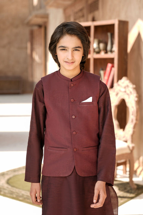 Maroon Boys Kurta Trousers & Waistcoat Set