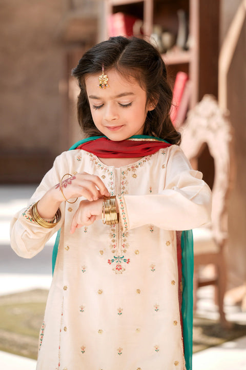 Off White Girls Embellished Kameez & Gharara With Dupatta 3pc