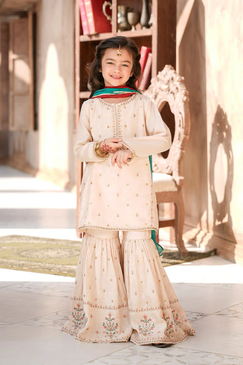 Off White Girls Embellished Kameez & Gharara With Dupatta 3pc