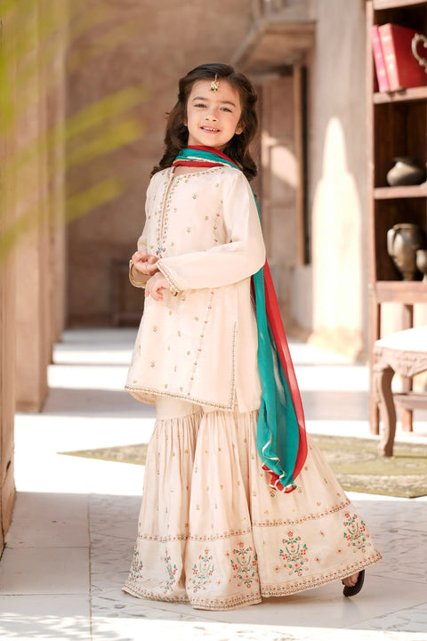 Off White Girls Embellished Kameez & Gharara With Dupatta 3pc