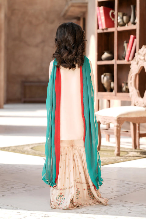 Off White Girls Embellished Kameez & Gharara With Dupatta 3pc