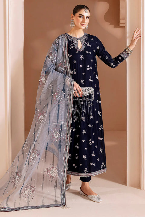 Ash blue Embroidered Velvet Formal 3pc RTW