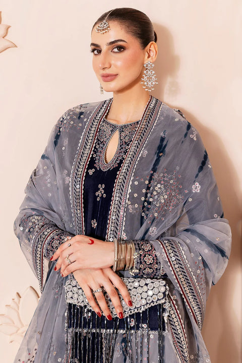 Ash blue Embroidered Velvet Formal 3pc RTW