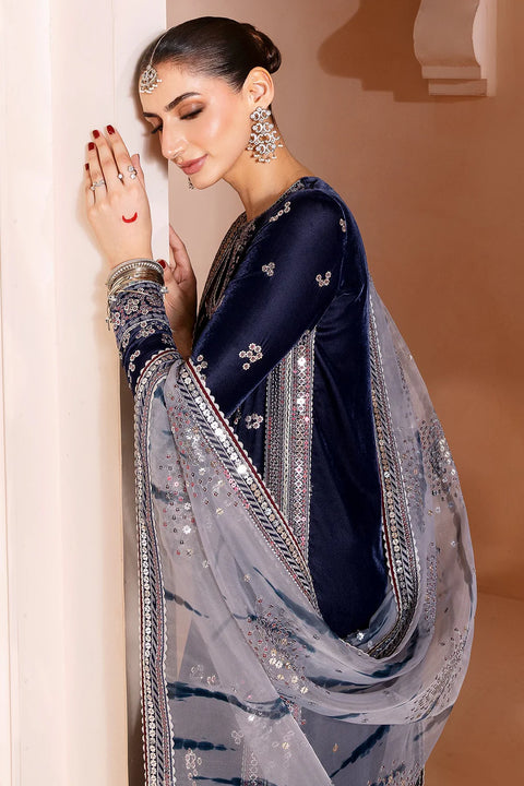 Ash blue Embroidered Velvet Formal 3pc RTW