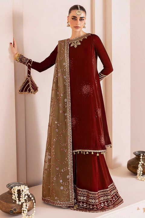 Maroon Embroidered Velvet shirt with shararah. 3pc RTW
