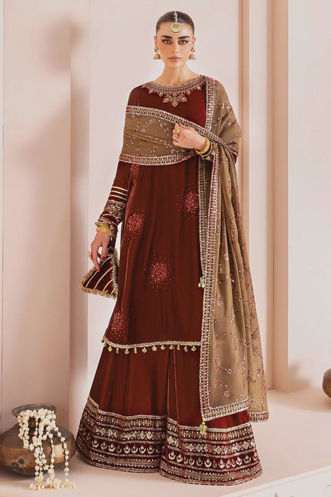 Maroon Embroidered Velvet shirt with shararah. 3pc RTW
