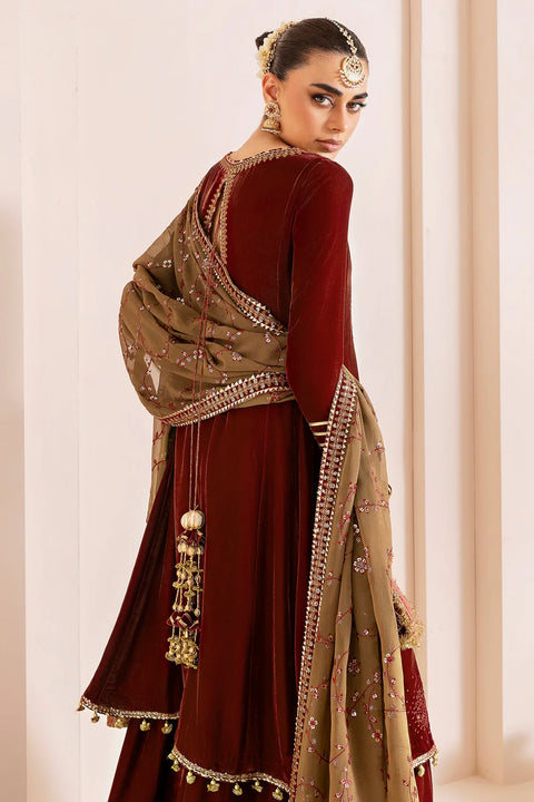 Maroon Embroidered Velvet shirt with shararah. 3pc RTW