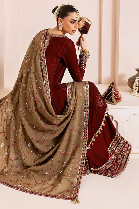 Maroon Embroidered Velvet shirt with shararah. 3pc RTW