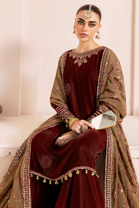Maroon Embroidered Velvet shirt with shararah. 3pc RTW