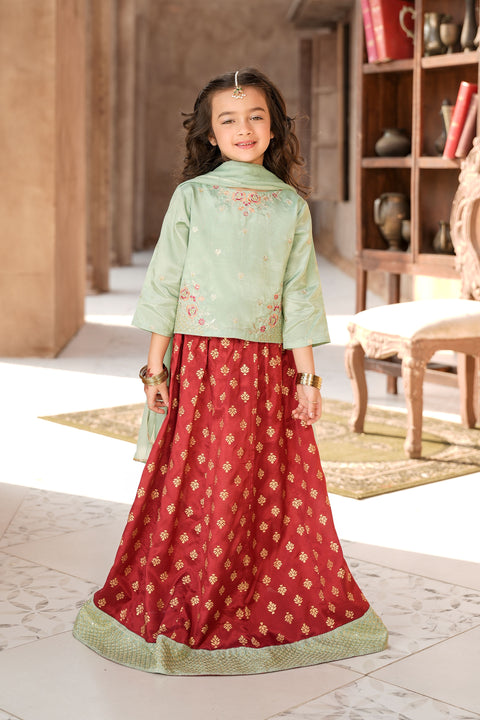 Mint and Red Embellished Top & Lehnga With Dupatta 3pc