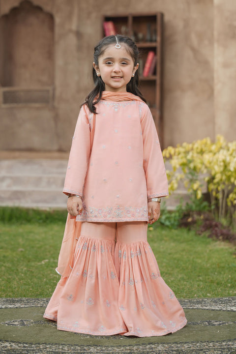 Peach Girls Embellished Kameez & Gharara with Dupatta 3pc