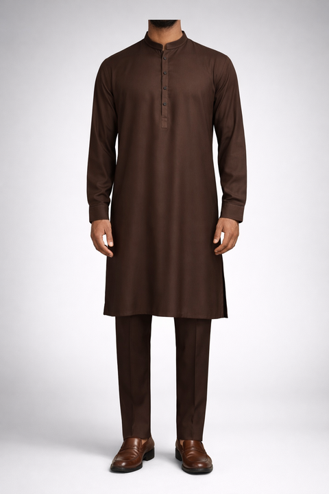 Burooj Man Mens Brown Kurta Trouser set. Pakistani mens suit with embroidery
