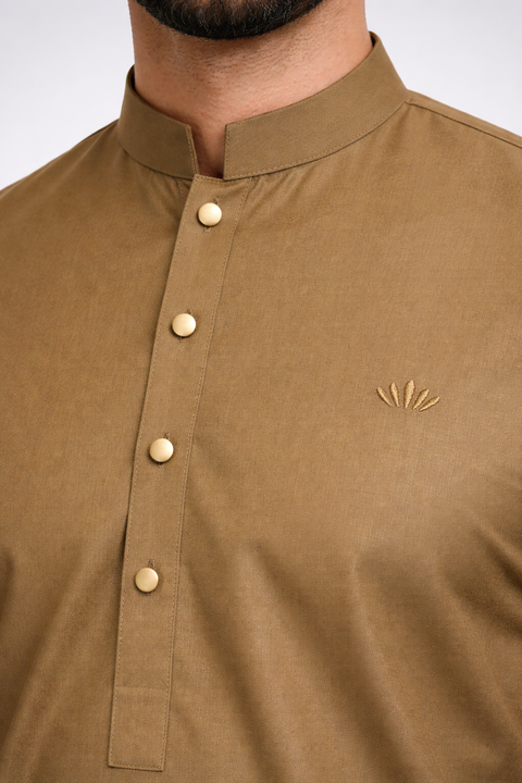 Burooj Man Dark Sand Pakistani  Kurta Trouser set slim fit with gold buttons 