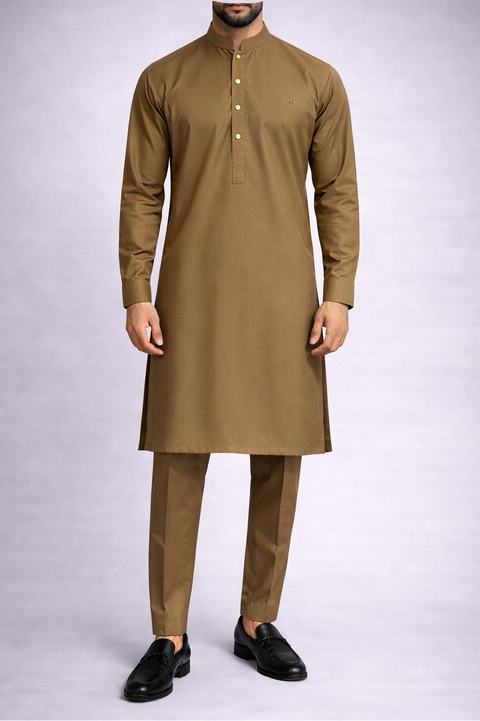 Burooj Man Dark Sand Pakistani  Kurta Trouser set slim fit with gold buttons 
