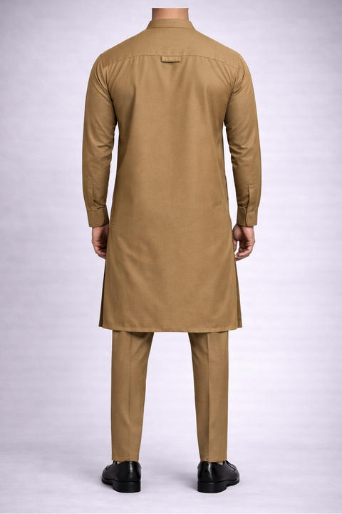 Burooj Man Dark Sand Pakistani  Kurta Trouser set slim fit with gold buttons 